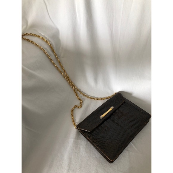 1960s dark brown alligator skin leather Clutch Mini shoulder Bag gold  chain